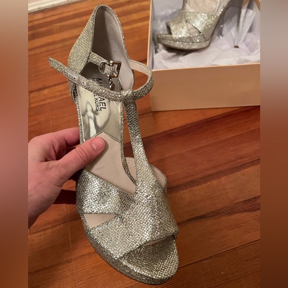 NWT, size 11, Michael Kors Silver Strappy Peep Toe Heels, Available - Picture 5 of 16